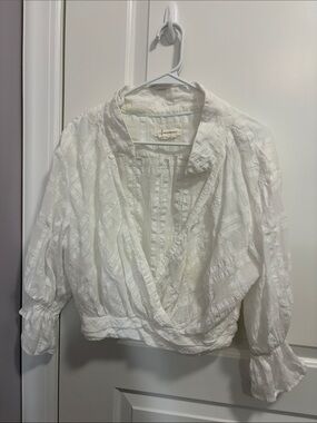 Anthropologie White Textured Open-Front Wrap Blouse